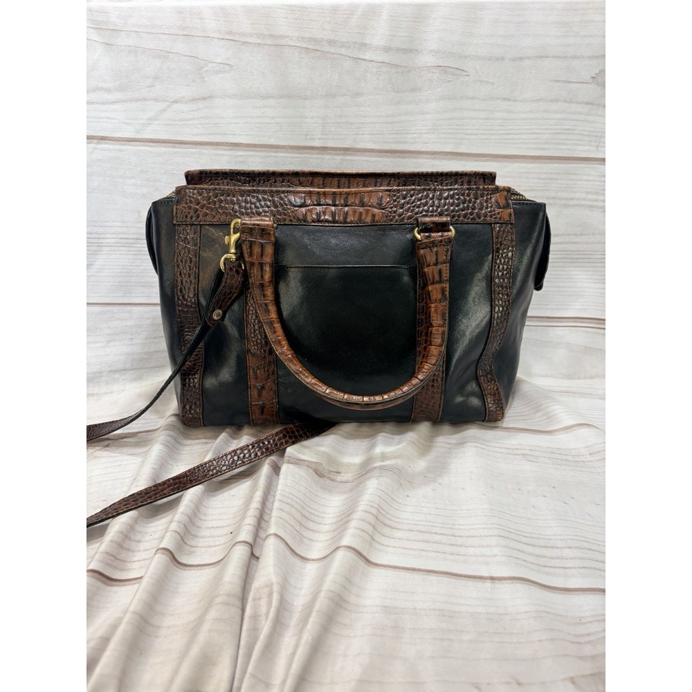 Vintage Brahmin Black Brown Croc Embossed Leather Satchel Shoulder Bag Large